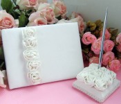 White Rosettes Wedding Guest Register Book + Pen & Holder
